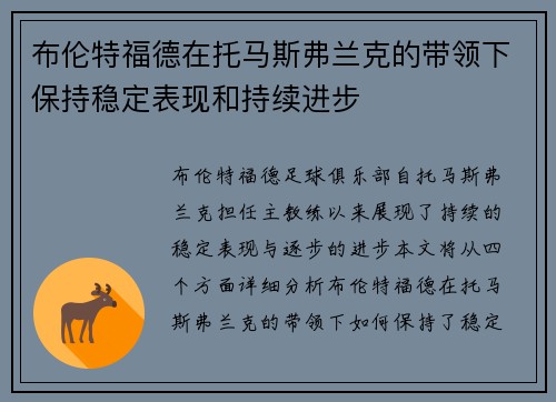 布伦特福德在托马斯弗兰克的带领下保持稳定表现和持续进步