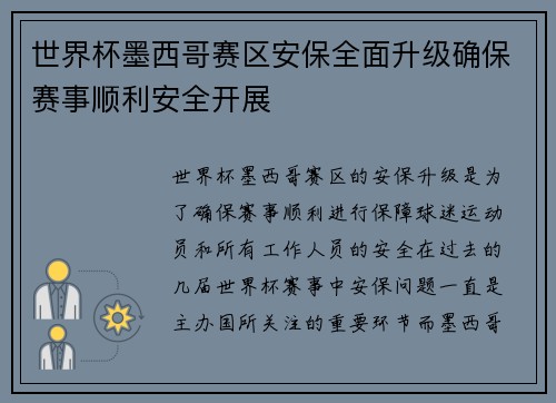 世界杯墨西哥赛区安保全面升级确保赛事顺利安全开展